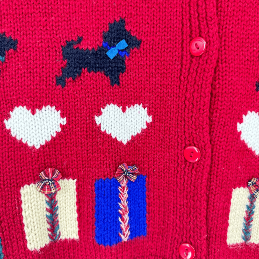 Vintage Preview Basics Red Wool Christmas Cardigan Scottie Dog Hearts Gifts S - Picture 5 of 9